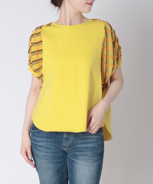 tシャツ チェック柄ドッキングトップス レディース