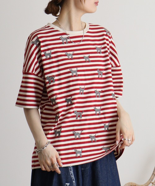 tシャツ EMAGO しましま柄のネコ刺繍Tシャツ レディース Emago tシャツ EMAGO しましま柄のネコ刺繍Tシャツ レディース