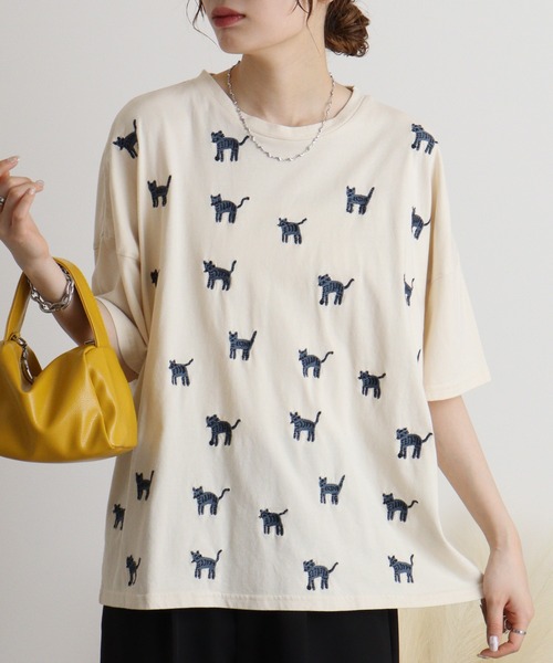 tシャツ EMAGO しましま柄のネコ刺繍Tシャツ レディース