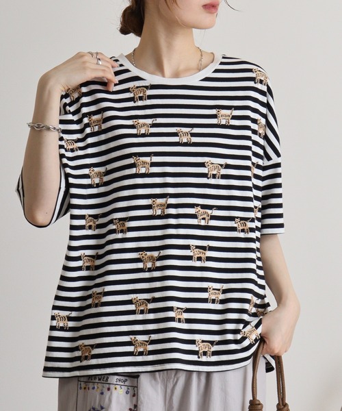 しましま柄のネコ刺繍Tシャツ emago トップス Tシャツ 5分袖 刺繍 大人の ナチュラル カジュアル ボーダー アニマル 楽天市場】しましま柄のネコ刺繍Tシャツ emago トップス Tシャツ