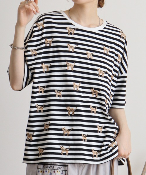 Emago（イマゴ） tシャツ しましま柄のネコ刺繍Tシャツ レディース 
