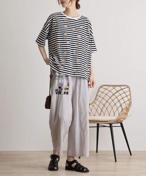 tシャツ EMAGO しましま柄のネコ刺繍Tシャツ レディース Emago tシャツ EMAGO しましま柄のネコ刺繍Tシャツ レディース