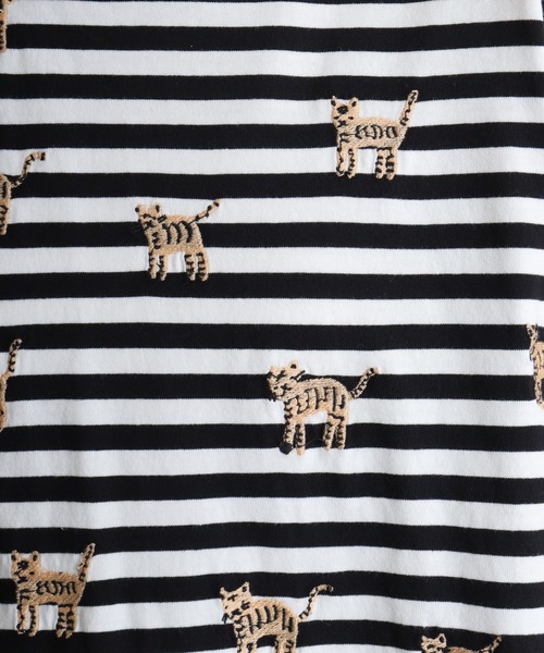Emago tシャツ EMAGO しましま柄のネコ刺繍Tシャツ レディース