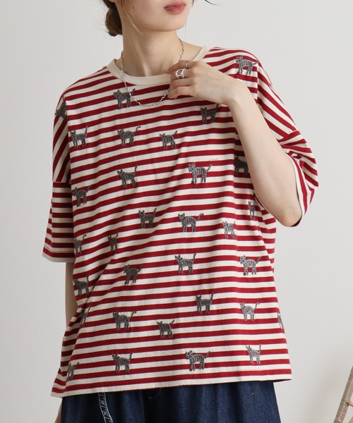 tシャツ EMAGO しましま柄のネコ刺繍Tシャツ レディース Emago tシャツ EMAGO しましま柄のネコ刺繍Tシャツ レディース