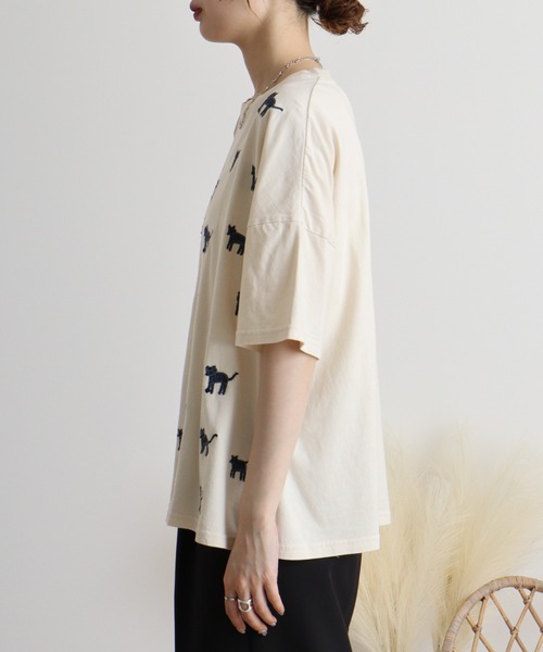 Emago（イマゴ） tシャツ しましま柄のネコ刺繍Tシャツ レディース 