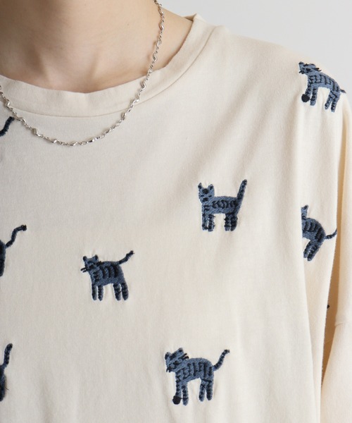 tシャツ EMAGO しましま柄のネコ刺繍Tシャツ レディース 楽天市場】しましま柄のネコ刺繍Tシャツ emago トップス Tシャツ