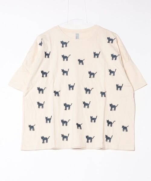 tシャツ EMAGO しましま柄のネコ刺繍Tシャツ レディース Emago tシャツ EMAGO しましま柄のネコ刺繍Tシャツ レディース