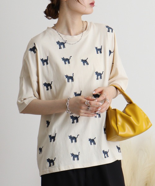 Emago（イマゴ） tシャツ しましま柄のネコ刺繍Tシャツ レディース 