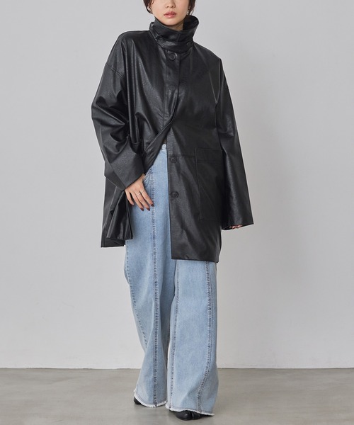 hunch（ハンチ） ステンカラーコート コート フェイクレザー オーバー
