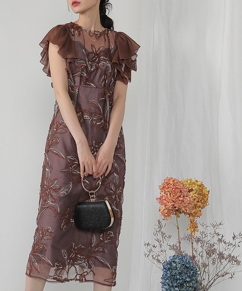 チュールフリルスリーブ スパンコール 刺繍レース パーティー ドレス チュールフリルスリーブ スパンコール 刺繍レース パーティー ドレス