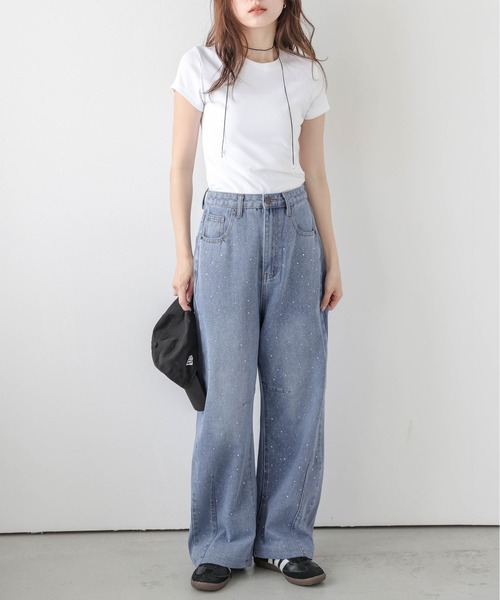 【大人気美品】メゾンスペシャル　ラインストーンパールデニム パンツ ブルー 36 大人気美品】メゾンスペシャル ラインストーンパールデニム