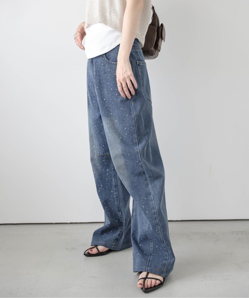 【大人気美品】メゾンスペシャル　ラインストーンパールデニム パンツ ブルー 36 大人気美品】メゾンスペシャル ラインストーンパールデニム
