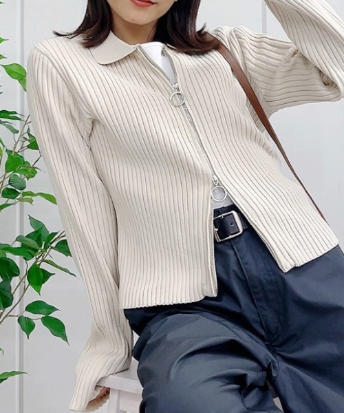 tシャツ 「＆soiree」Wジップ襟付き長袖リブニットトップス(CP) レディース
