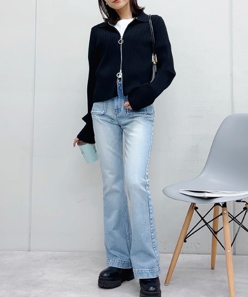 tシャツ 「＆soiree」Wジップ襟付き長袖リブニットトップス(CP) レディース ＆soiree tシャツ 「＆soiree」Wジップ襟付き長袖リブニット