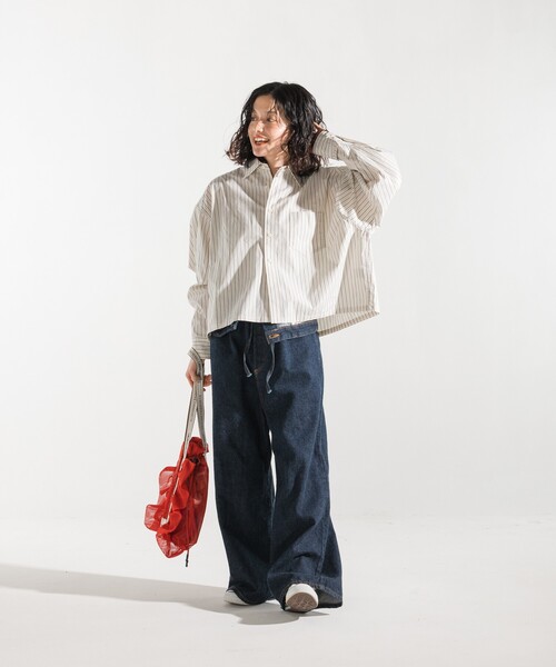 マルチサイズ ブラウス シャツ ギャザーデザインストライプショートシャツ レディース FREAK'S STORE ブラウス シャツ マルチストライプ ショート