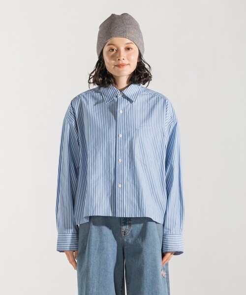 マルチサイズ ブラウス シャツ ギャザーデザインストライプショートシャツ レディース FREAK'S STORE ブラウス シャツ マルチストライプ ショート
