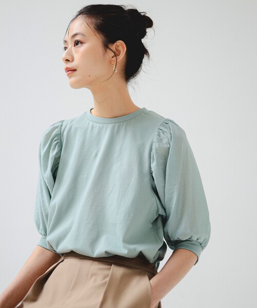B：MING by BEAMS tシャツ 布帛切り替え ボリューム スリーブ