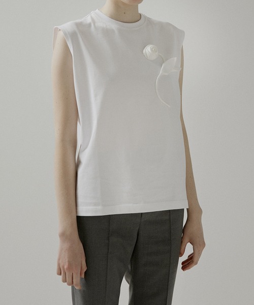 LE CIEL BLEU（ルシェルブルー） tシャツ フラワーアップリケスリーブ