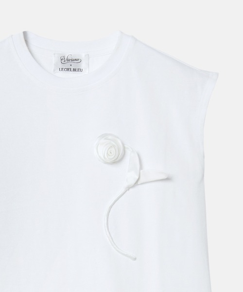 ルシェルブルー　フェザー　Tシャツ LE CIEL BLEU（ルシェルブルー） tシャツ フラワーアップリケスリーブ