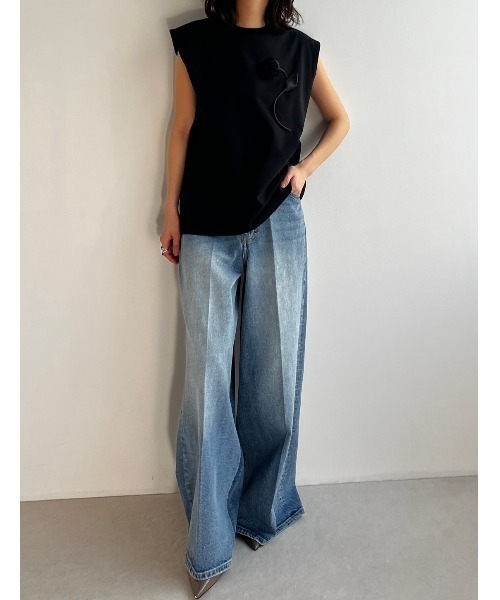 Tシャツ(半袖/袖なし) LE CIEL BLEU LE CIEL BLEU（ルシェルブルー） tシャツ フラワーアップリケスリーブ