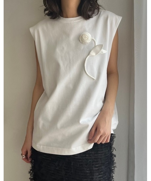 LE CIEL BLEU tシャツ フラワーアップリケスリーブレスTシャツ