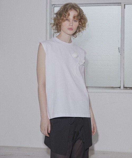 LE CIEL BLEU（ルシェルブルー） tシャツ フラワーアップリケスリーブ