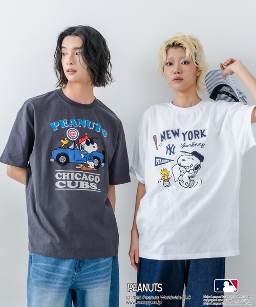 【別注】MLB公式 ドジャースヤンキース PEANUTSコラボTシャツ2点セット DOUBLE NAME tシャツ MLB×PEANUTSコラボ POPCORN BIG TEE