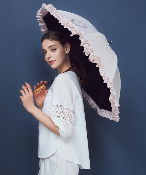 Maison de FLEUR ネイビー フリル付き折りたたみ傘 Maison de FLEUR 傘 遮光＆UV CUT フリル傘 レディース