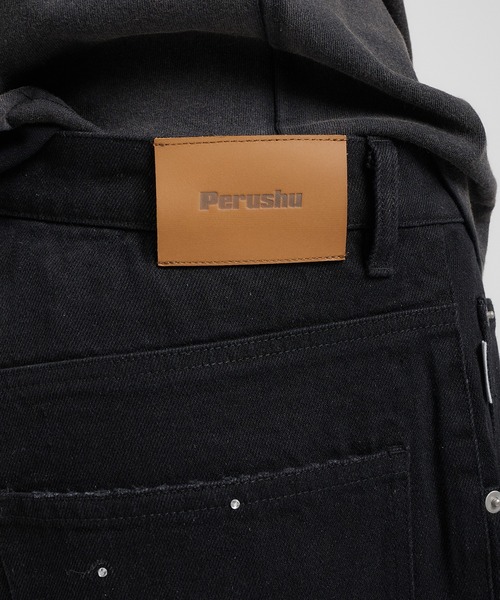 Perushu ワイドパンツ ジーンズ クラッシュスタッズワイドルーズパンツ 