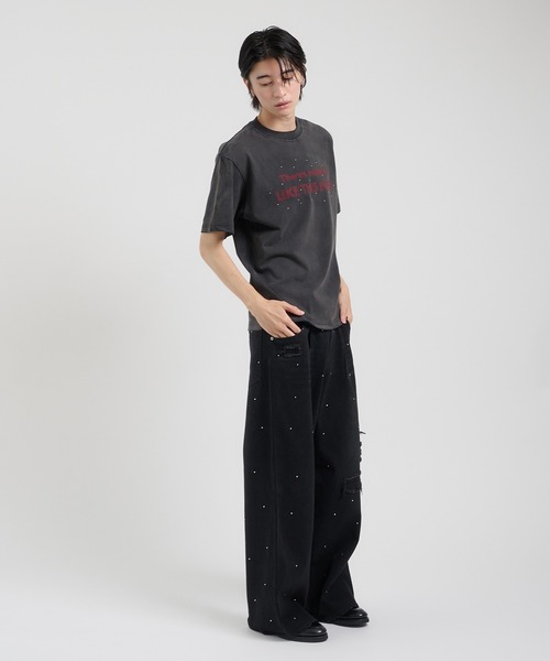 Perushu ジーンズ クラッシュスタッズワイドルーズパンツ メンズ