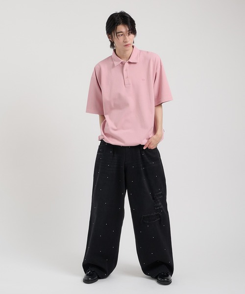 Perushu ワイドパンツ ジーンズ クラッシュスタッズワイドルーズパンツ 