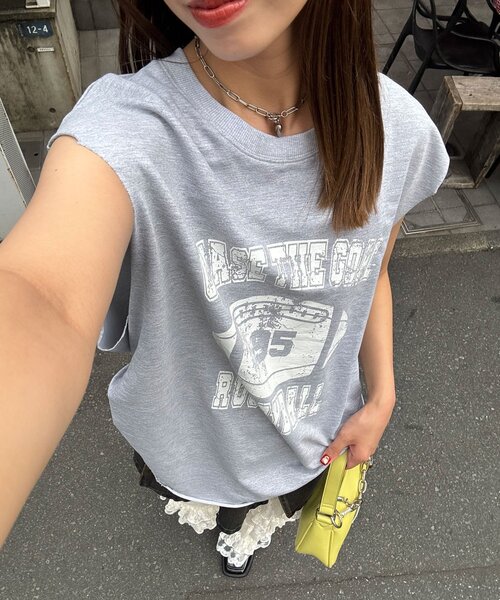 tシャツ サイドタックピグメントロゴノースリーブTee レディース