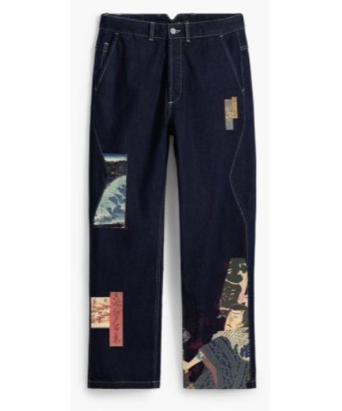 ジーンズ 浮世絵プリントのストレートデニムパンツ メンズ