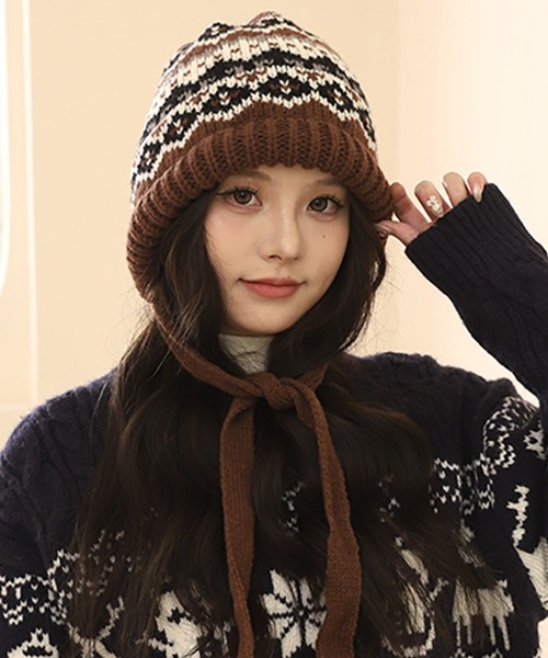 c.u.l ニット帽 ニットキャップ ひも付き ノルディック柄 ニット