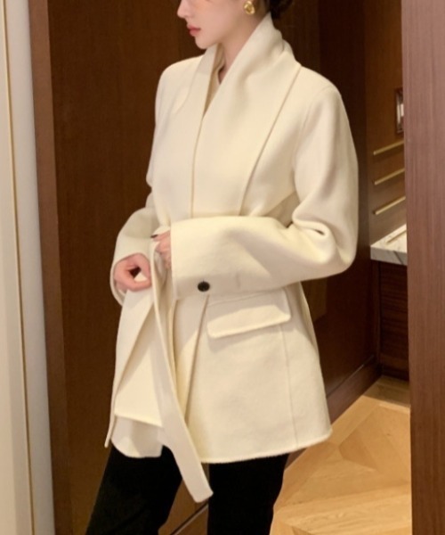 a lot of love コート アウター ベルト付き ショールカラーミディ