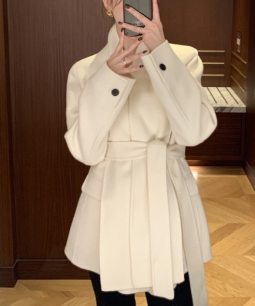 a lot of love コート アウター ベルト付き ショールカラーミディ