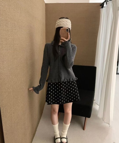 ルネ Rene フリル ニットカーディガン 長袖 コンパクト 羽織り 黒系 36 Rene（ルネ） 美品 25SS Rene フリルカラー フェイクパールボタン
