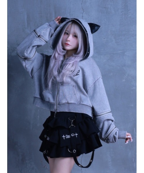 最終価格 アミリージュ 猫耳パーカー ホワイト オンライン完売品 Amilige（アミリージュ） パーカー 猫耳袖ZIPショート丈パーカー