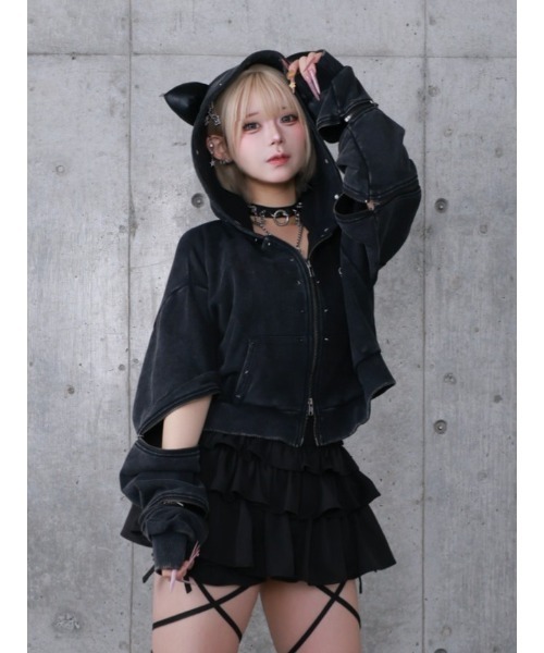 Amilige アミリージュ 猫耳袖ZIPショート丈パーカー ブラック Amilige（アミリージュ） パーカー 猫耳袖ZIPショート丈パーカー