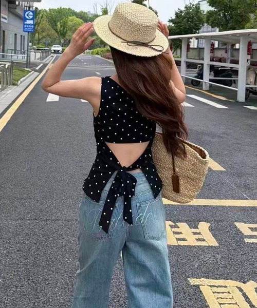 AsheKsha タンクトップ ノースリーブ 水玉ドットのノースリーブバック