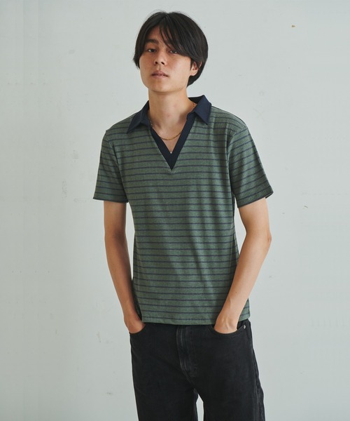 【未使用 XXL】RRL ボーダーポロシャツ プルオーバー 半袖 胸ポケ ビズポロ ポロシャツ 半袖 メンズ（使用素材：東レFIELDSENSOR(R)秒乾
