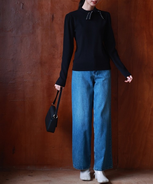 SAISON DE PAPILLON ニット セーター 首元パールリボンハイゲージ  