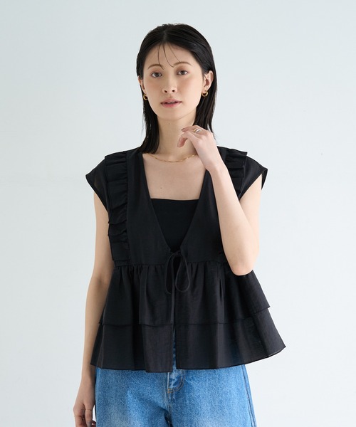 meilmada ベスト ジレ 麻混ソフトシアーフリルベスト レディース