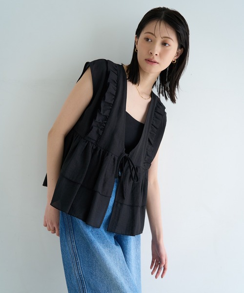 meilmada ベスト ジレ 麻混ソフトシアーフリルベスト レディース