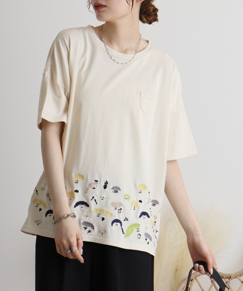 Emago tシャツ EMAGO スマイル刺繍Tシャツ レディース