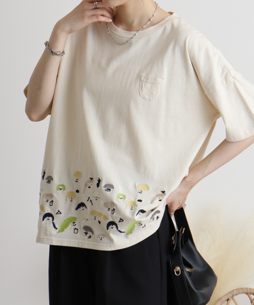 tシャツ EMAGO チェックプリント刺繍Ｔ レディース Emago tシャツ EMAGO スマイル刺繍Tシャツ レディース