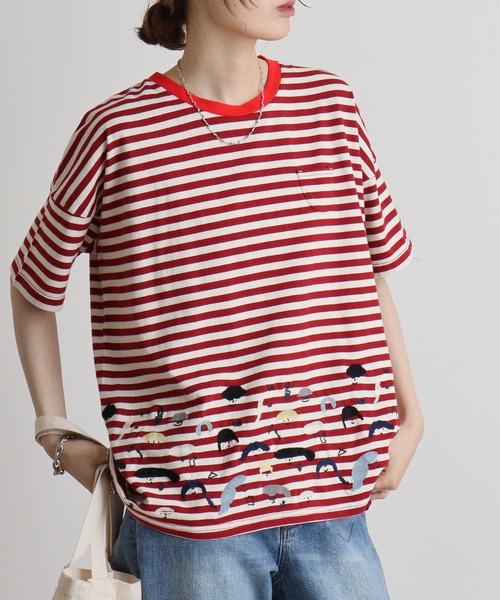 tシャツ EMAGO チェックプリント刺繍Ｔ レディース Emago tシャツ EMAGO スマイル刺繍Tシャツ レディース