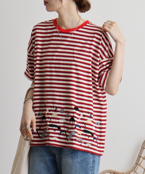 tシャツ EMAGO 日常2色刺繍T 半袖 レディース Emago tシャツ EMAGO スマイル刺繍Tシャツ レディース