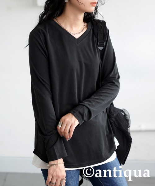 アンティカロングVネックシャツ antiqua（アンティカ） tシャツ VネックロングTシャツ レディース