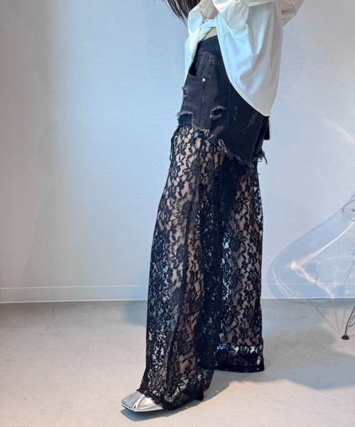 monepine レースドッキングデザインデニムパンツ lace docking design denim pants/レースドッキングデザイン